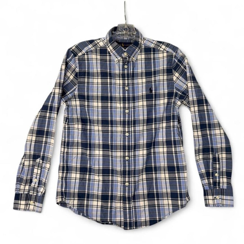 Ralph Lauren Boys Polo L (14-16) Plaid Button Down Shirt Natural Stretch Blue